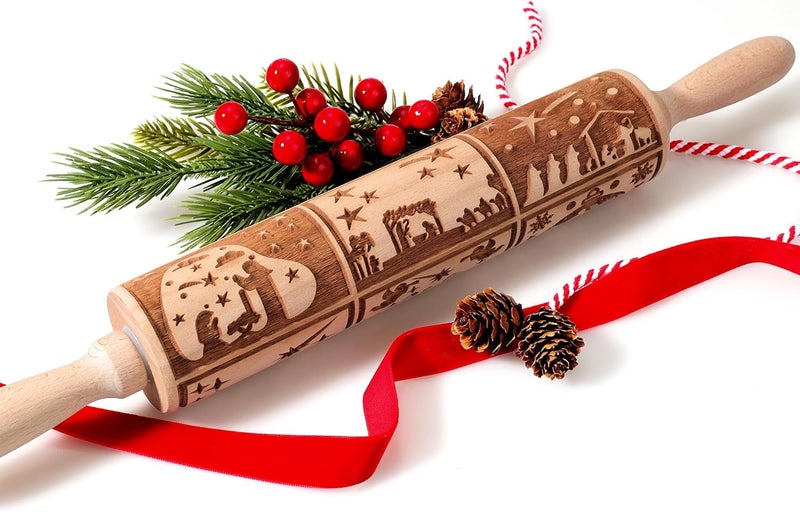 XINBADA 17" Premium Wooden Rolling Pins for Baking with Nativity Embossed Designs | 3mm Deep Springerle Cookie Molds | Christmas Rolling Pin & Baking Gifts for Women | Includes 3-in-1 Cleaning Brush ﻿ - Image 1