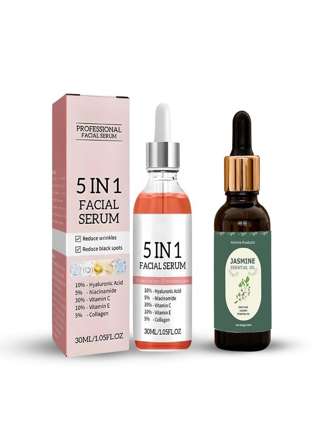 Annma Products منتجات آنما® سيروم تفتيح البشرة ومكافحة الشيخوخة 5 في 1 مع زيت الياسمين العطري الطبيعي | تفتيح البقع الداكنة، علاج التجاعيد، إشراقة البشرة، لمعان الشعر والاسترخاء | مجموعة تجميل يومية للجنسين - Image 1