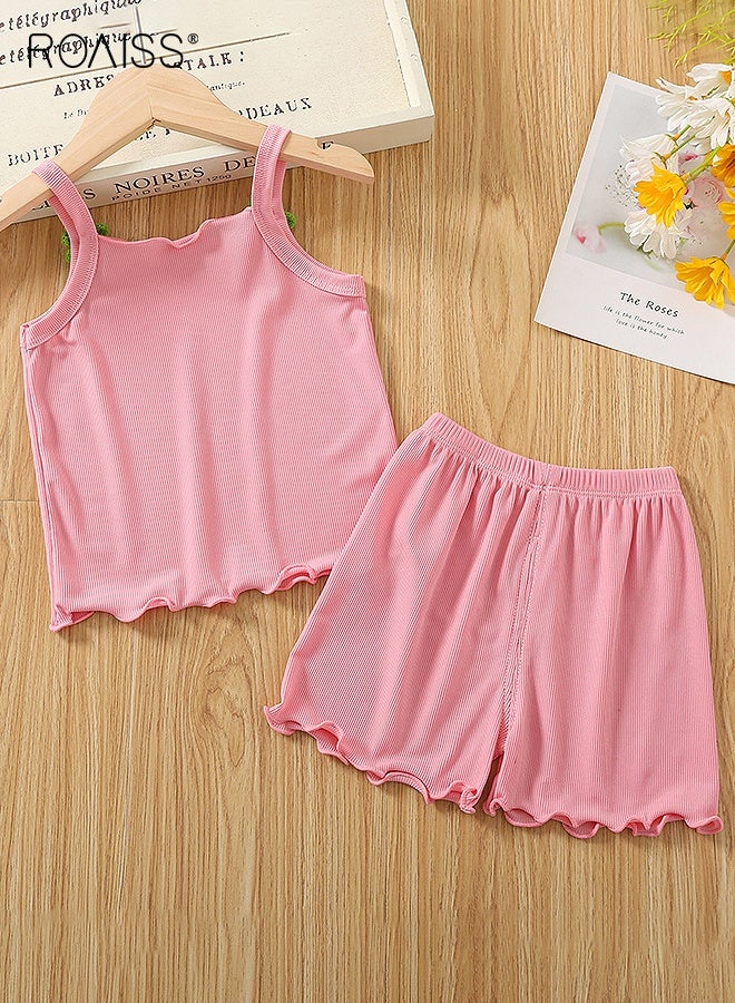 roaiss Toddler Girls Adorable T-shirt and Shorts Set, Stylish Summer Outfit with Sleeveless Top and Solid Shorts, 2 Piece Comortable Clothing Set for Little Girls  - Image 3