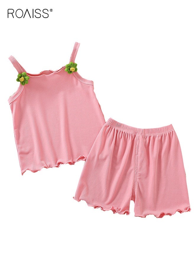 roaiss Toddler Girls Adorable T-shirt and Shorts Set, Stylish Summer Outfit with Sleeveless Top and Solid Shorts, 2 Piece Comortable Clothing Set for Little Girls, Suitable for Daily Wear or Pajamas - Image 2