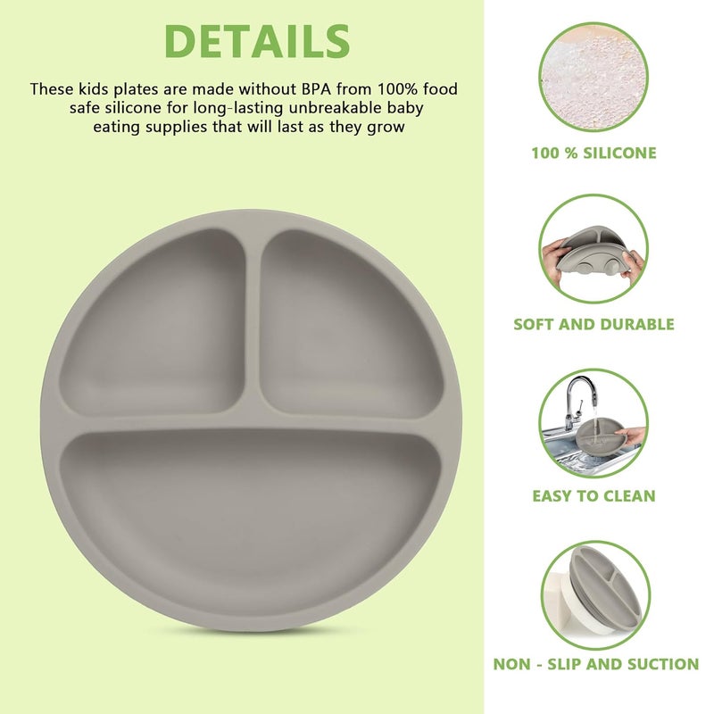 PEEPER Baby Suction Plates for Baby Feeding with 4 Strong Suction Cups, Silicone Toddler Plates with Deep Divided for Kids to Feed Themselves, Dish Washer & Micro-Wave Oven Safe (Dark Grey) - Image 2