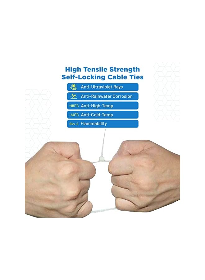 PROMASS رباطات كابلات 300 مم، 100 قطعة من رباطات الكابلات – مقاومة للأشعة فوق البنفسجية ومقاومة للحرارة، رباطات بيضاء للاستخدام الداخلي والخارجي، رباطات كابلات بيضاء طويلة - Image 3