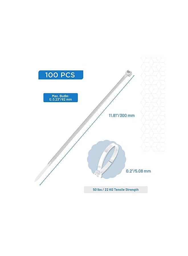 PROMASS رباطات كابلات 300 مم، 100 قطعة من رباطات الكابلات – مقاومة للأشعة فوق البنفسجية ومقاومة للحرارة، رباطات بيضاء للاستخدام الداخلي والخارجي، رباطات كابلات بيضاء طويلة - Image 2