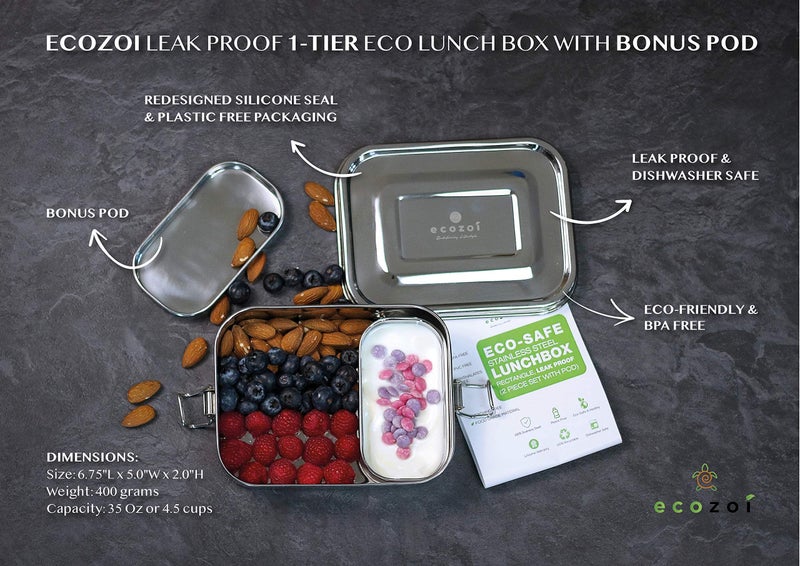 ecozoi Stainless Steel Lunch Box, Leak Proof 1 Tier Eco Metal Bento Box | Bonus Pod And Redesigned Silicone Seal | Sustainable Zero Waste Eco Friendly Food Storage Container - Image 2