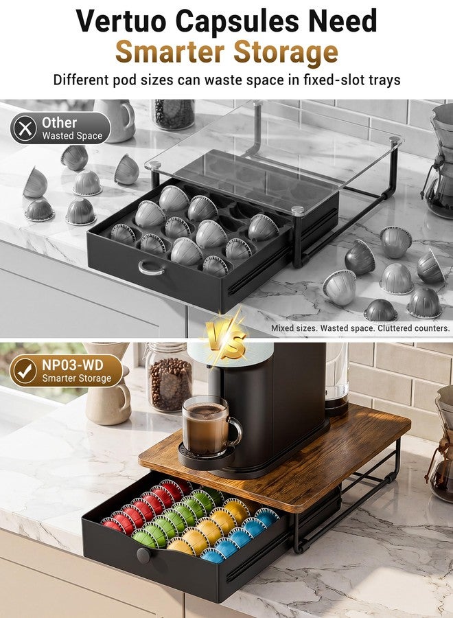 EVERIE Coffee Pod Holder Drawer, Compatible with Nespresso Vertuo Capsules, Holds 40 Large or 52 Small Pods, Flexible Slots for 4 Capsule Sizes, Rustic Brown Countertop Organizer, 15.6" Dx13 Wx3.7 H - Image 2