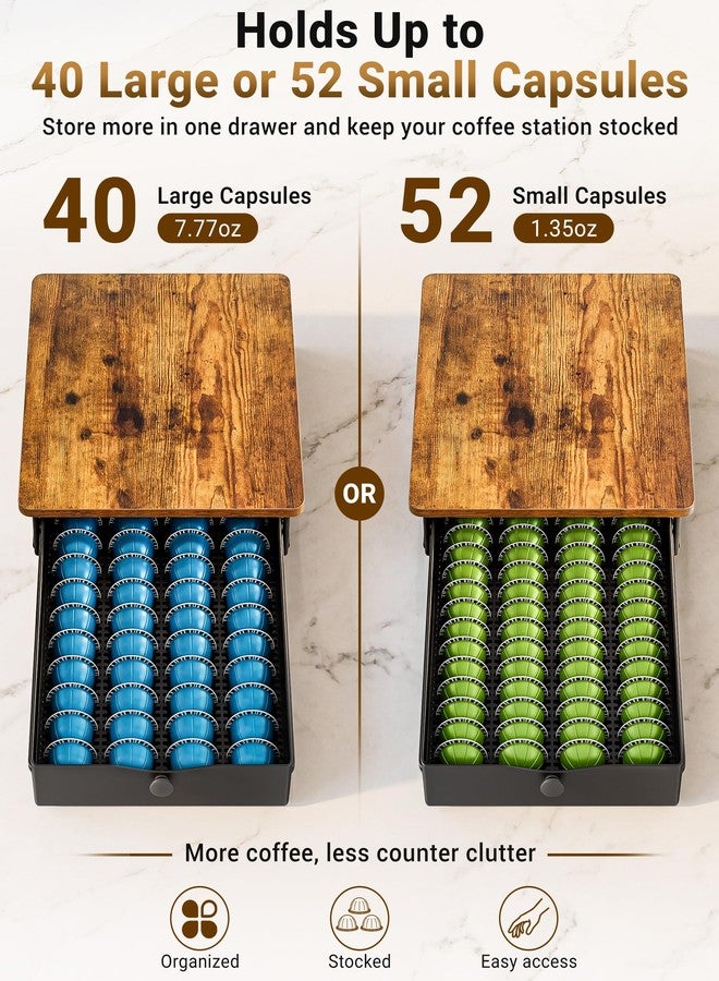 EVERIE Coffee Pod Holder Drawer, Compatible with Nespresso Vertuo Capsules, Holds 40 Large or 52 Small Pods, Flexible Slots for 4 Capsule Sizes, Rustic Brown Countertop Organizer, 15.6" Dx13 Wx3.7 H - Image 4