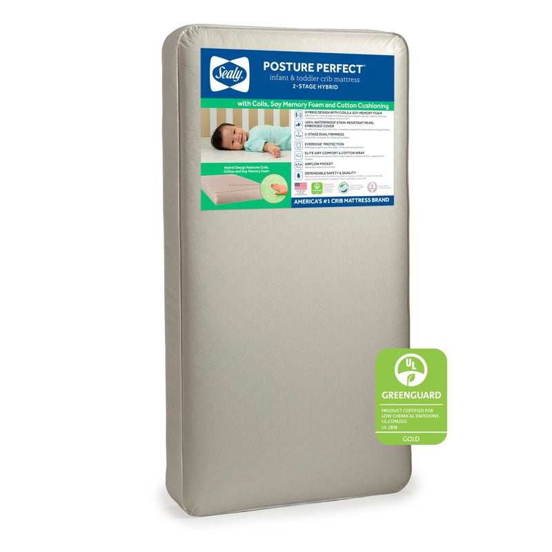 SEALY BABY Sealy Baby Posture Perfect Breathable Crib Mattress GREENGUARD Gold Certified Made in USA 2 Stage Hybrid Memory Foam 150 Premium Coils Toddler Bed Fit Safety Quality Tested 52x28 