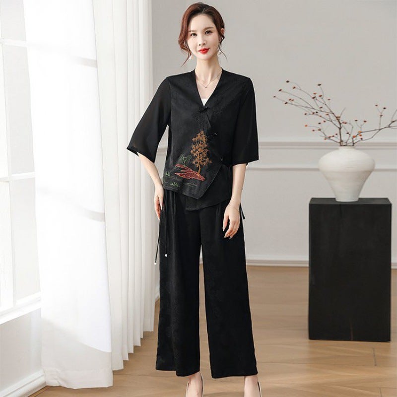 2024 New Style Lady Mother Summer Suit 50-year-old 60-year-old Guofeng T-shirt Middle-aged and Elderly Womens Short-sleeved Two-piece Set Black - Image 1
