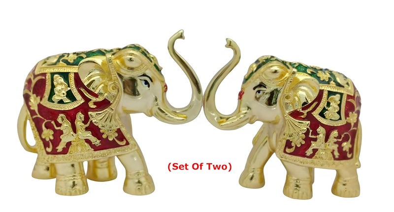 ARTSMINE ARTSMINE 24k Gold Coated Elephant Red Green Meena Work Set of 2 for Pooja Room Home Decoration Size HL 76 9 CM Gajantlakshmi Up Trunk Statue - Image 2