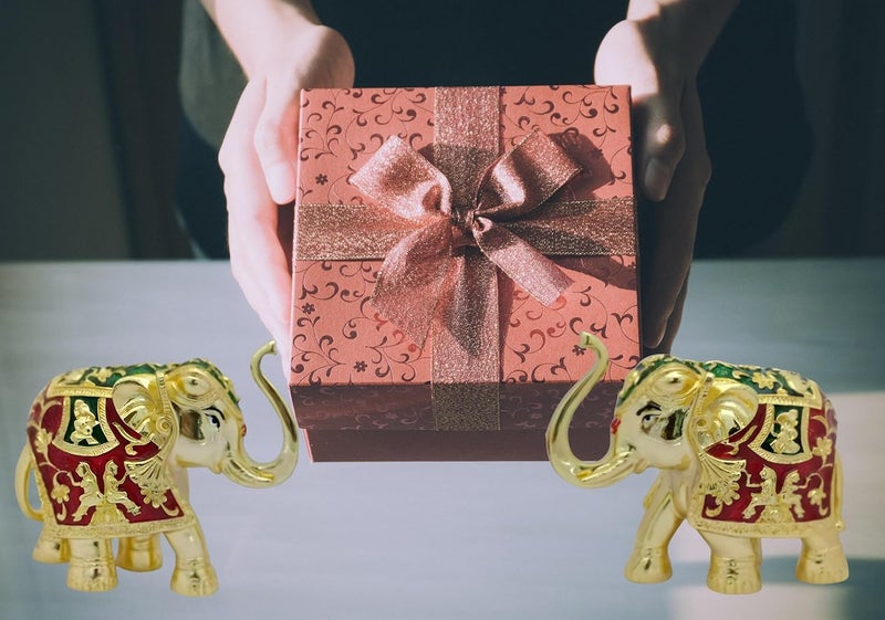 ARTSMINE ARTSMINE 24k Gold Coated Elephant Red Green Meena Work Set of 2 for Pooja Room Home Decoration Size HL 76 9 CM Gajantlakshmi Up Trunk Statue - Image 5