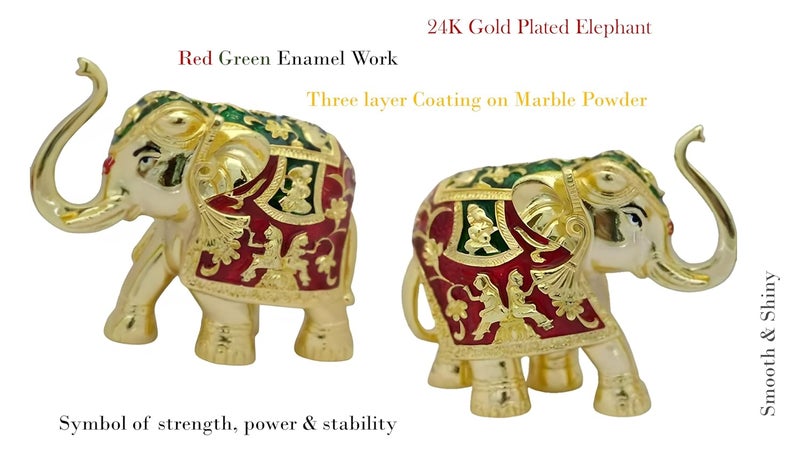 ARTSMINE ARTSMINE 24k Gold Coated Elephant Red Green Meena Work Set of 2 for Pooja Room Home Decoration Size HL 76 9 CM Gajantlakshmi Up Trunk Statue - Image 3