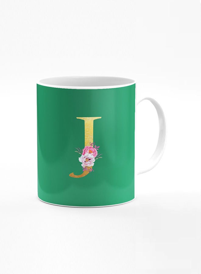 Stylizedd Designer Printed Coffee Mug 11oz Ceramic Personalised Gift Mugs Cup -Custom Monogram Initial Letter Floral Pattern Alphabet - J (Dark Spring Green)  - Image 1