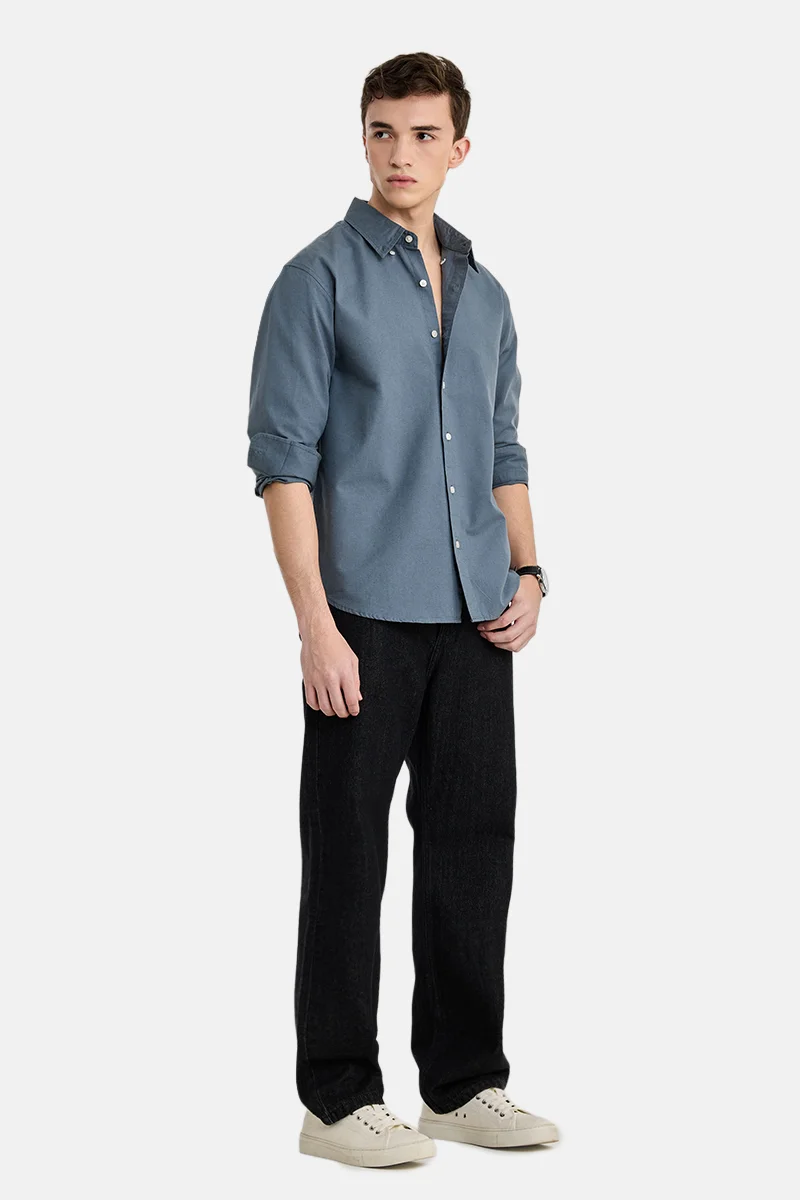 سنيتش Blue Solid Long Sleeve Regular Fit Shirt
