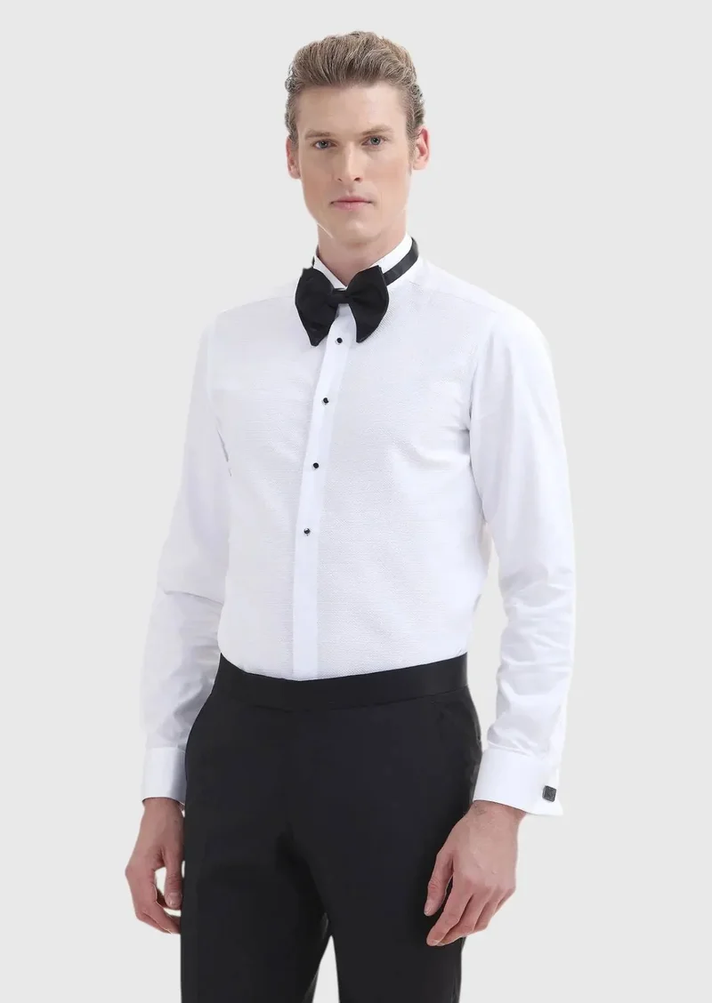RAMSEY White Plain Slim Fit Double Cuff Wing Collar Tuxedo Shirts