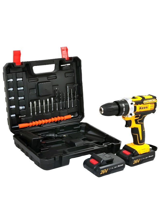 Keen 26V Cordless Drill Driver Set, 2-Speed Electric Power Drill with 25+3 Torque, Stepless Speed Control, Impact/Drill/Screwdriver Modes, LED Light, Forward/Reverse, Powerful Copper Motor & 35-Piece Accessory Kit OS-202-1 - Image 1