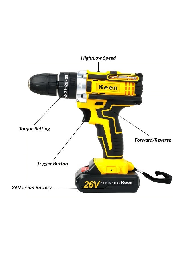 Keen 26V Cordless Drill Driver Set, 2-Speed Electric Power Drill with 25+3 Torque, Stepless Speed Control, Impact/Drill/Screwdriver Modes, LED Light, Forward/Reverse, Powerful Copper Motor & 35-Piece Accessory Kit OS-202-1 - Image 3