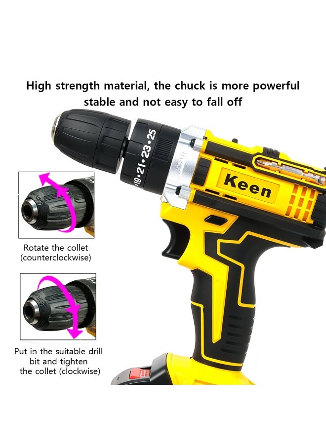 Keen 26V Cordless Drill Driver Set, 2-Speed Electric Power Drill with 25+3 Torque, Stepless Speed Control, Impact/Drill/Screwdriver Modes, LED Light, Forward/Reverse, Powerful Copper Motor & 35-Piece Accessory Kit OS-202-1 - Image 4