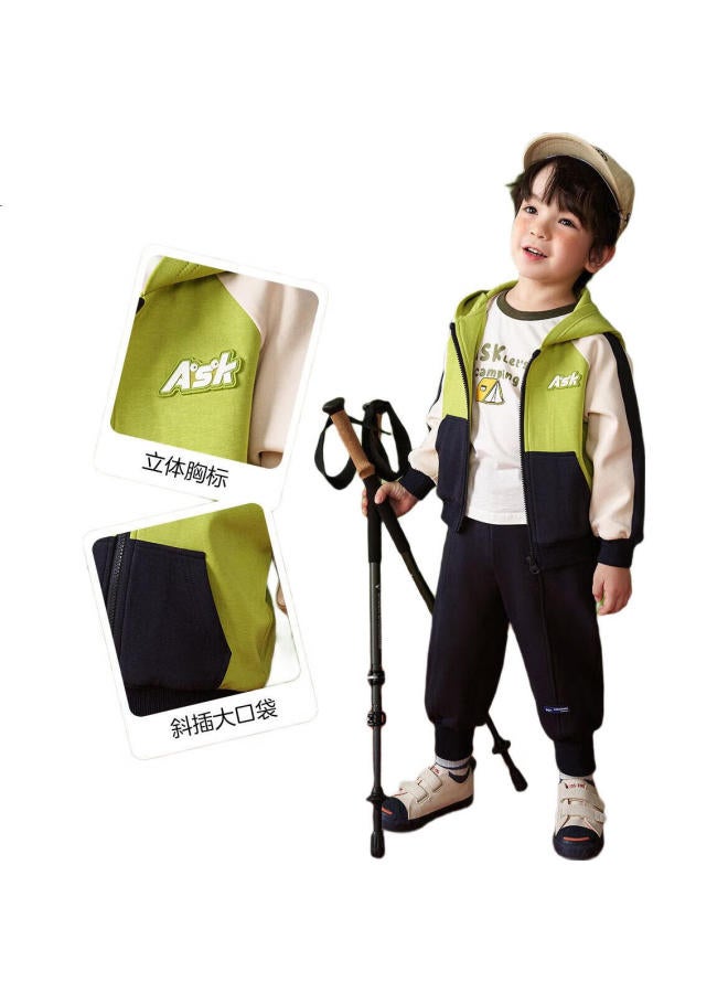 Ask Junior Boys' Sports Suit Spring Sports Hooded Jacket + Pants Set Green 110 - Image 3