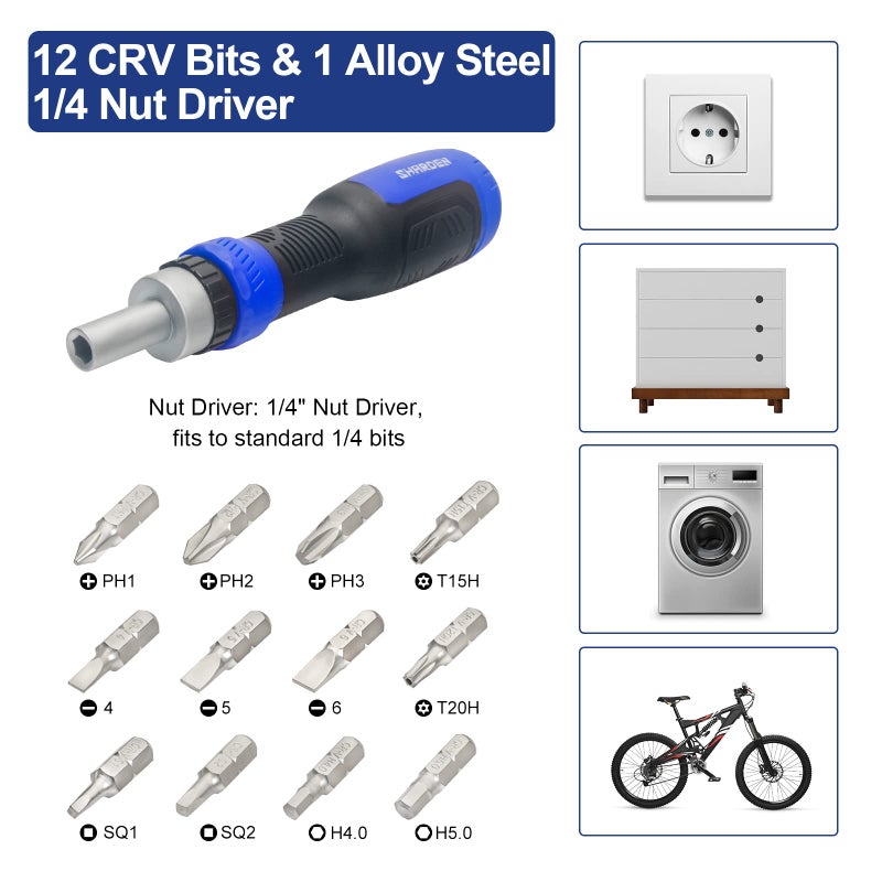 Sharden Ratcheting Screwdriver 13-In-1 Ratchet Screwdriver Set Multi Bit Screw Driver All In One Screwdriver With Torx Security Flat Head Phillips Hex Square And 1/4 Nut Driver - Image 2