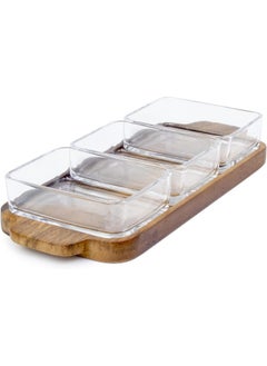 BILLI Billi Glass Bowls With Wooden Tray Fruit Condiment Appetizer Desserts Serving Snack Nut Plate 3 Bowls  - Image 1
