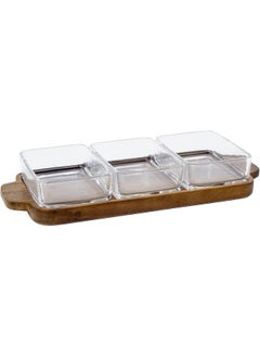 BILLI Billi Glass Bowls With Wooden Tray Fruit Condiment Appetizer Desserts Serving Snack Nut Plate 3 Bowls  - Image 3