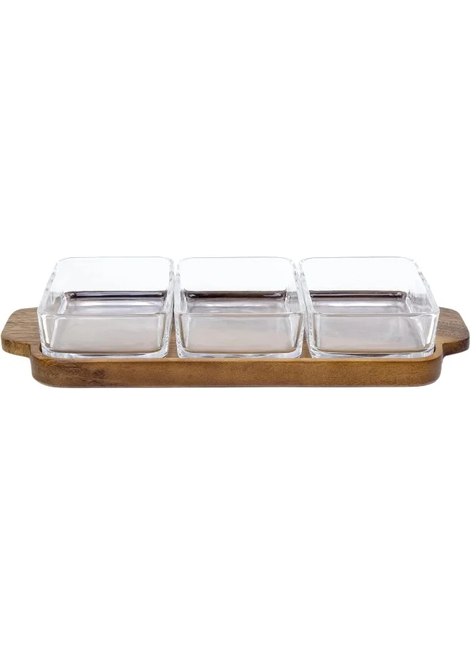بيلي Billi Glass Bowls With Wooden Tray Fruit Condiment Appetizer Desserts Serving Snack Nut Plate 3 Bowls