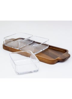 BILLI Billi Glass Bowls With Wooden Tray Fruit Condiment Appetizer Desserts Serving Snack Nut Plate 3 Bowls  - Image 4