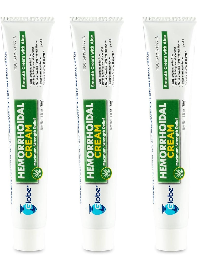 Globe Globe (3 Pack) Hemorrhoid Cream, Relief with Aloe, (1.8 Ounce Tube) Relief from Hemorrhoids, Piles, Itching, Burning, Discomfort, & More 