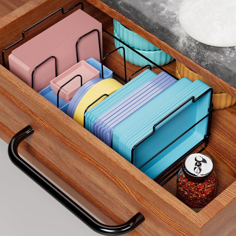GAGUIUP Food Container Lid Organizer, Large Capacity Adjustable 4 Dividers Detachable Lid Organizer Rack for Kitchen Cabinets, Drawers, Plastic Lid Organizer For Pantry Shelves, Cupboards, Black - Image 4