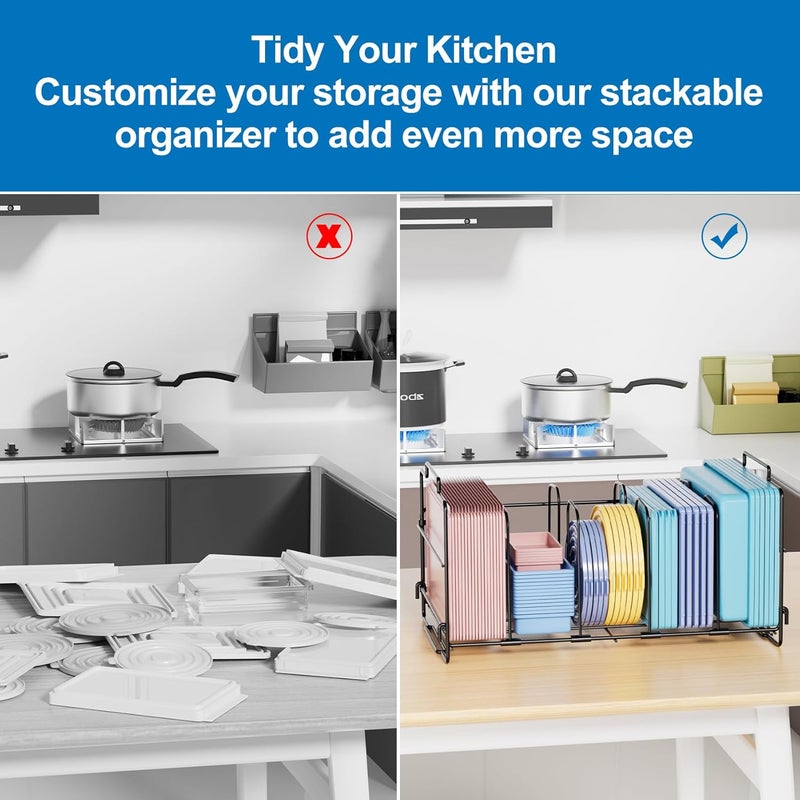 GAGUIUP Food Container Lid Organizer, Large Capacity Adjustable 4 Dividers Detachable Lid Organizer Rack for Kitchen Cabinets, Drawers, Plastic Lid Organizer For Pantry Shelves, Cupboards, Black - Image 5