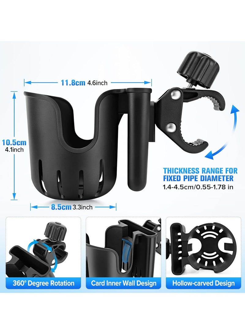 Stroller Cup Holder with Phone Holder,2-in-1 Universal 360° Rotation Cup Holder for Stroller,Walker,Wheelchair,Bike,Scooter,Fits Most Cup,Black - Image 2