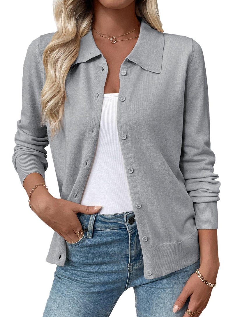EVALESS Cardigan Sweaters for Women Lightweight Trendy Long Sleeve Lapel Collar Button Down Sweaters Spring Fashion 2026 Wool Blend Knit Cardigans Sweater Tops Spring Outfits Grey Medium - Image 1