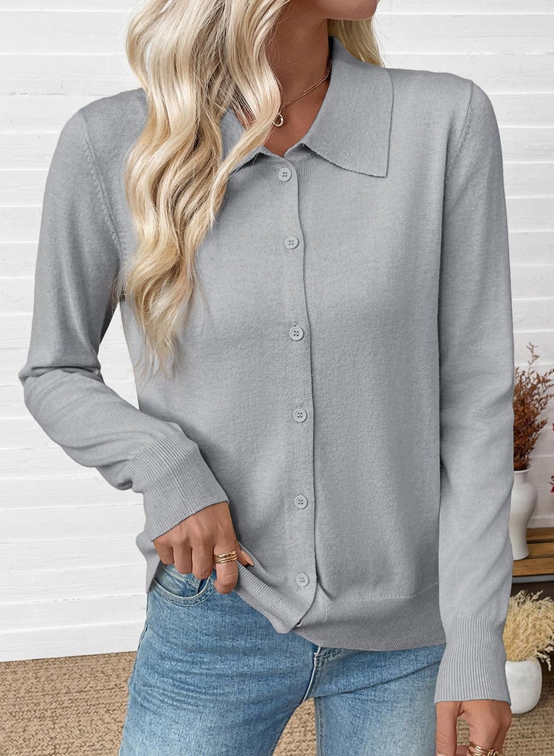 EVALESS Cardigan Sweaters for Women Lightweight Trendy Long Sleeve Lapel Collar Button Down Sweaters Spring Fashion 2026 Wool Blend Knit Cardigans Sweater Tops Spring Outfits Grey Medium - Image 3
