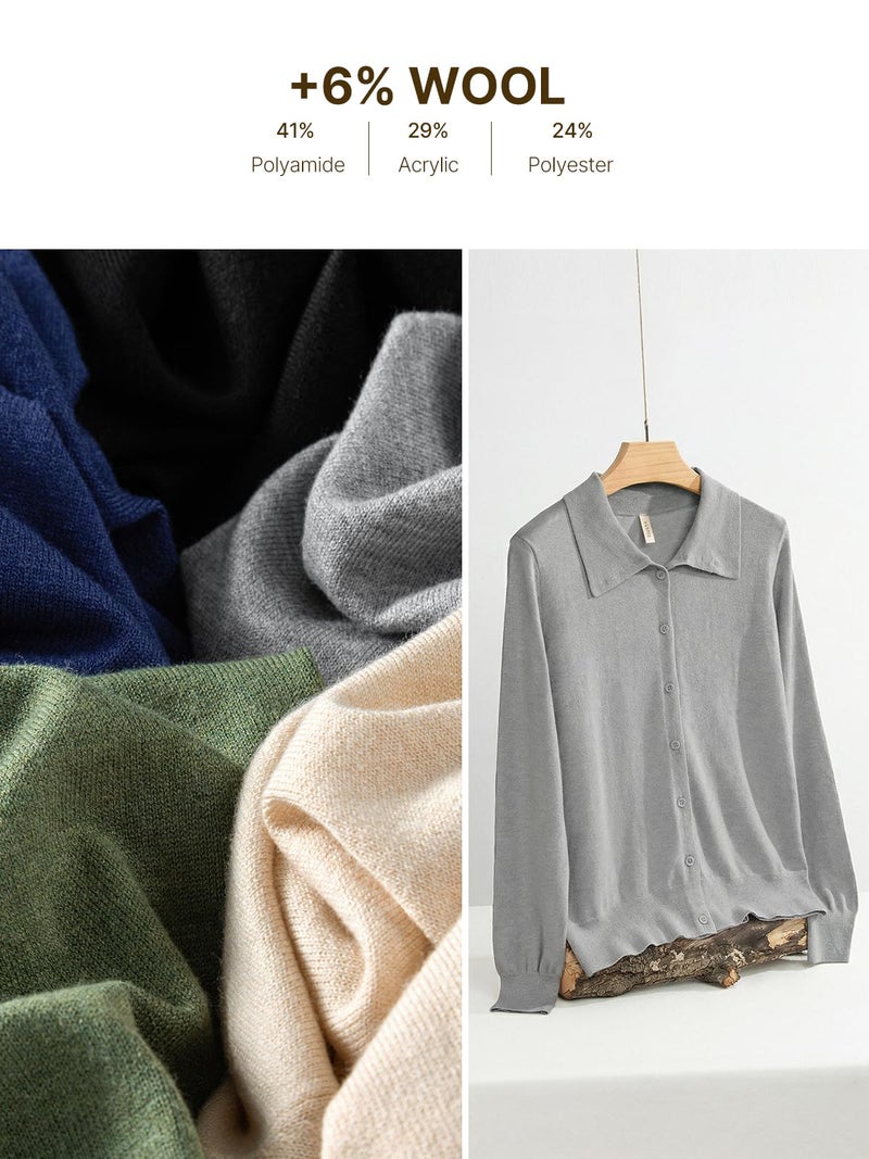 EVALESS Cardigan Sweaters for Women Lightweight Trendy Long Sleeve Lapel Collar Button Down Sweaters Spring Fashion 2026 Wool Blend Knit Cardigans Sweater Tops Spring Outfits Grey Medium - Image 5