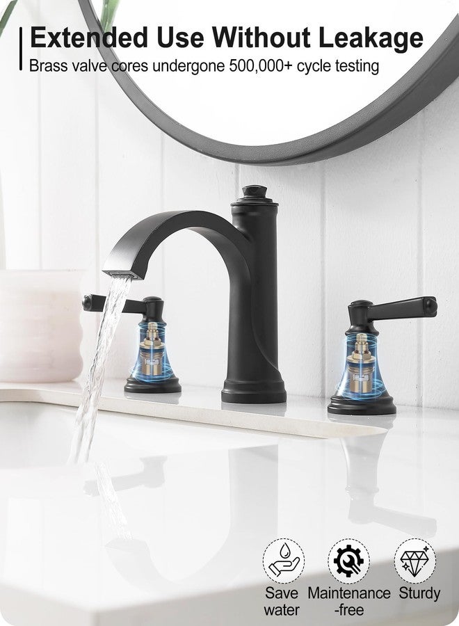 HEYMYTAP Matte Black Bathroom Faucet 3 Hole, Brass Bathroom Waterfall Faucet, 4-16 Inch Bathroom Sink Faucets, 2 Handle Widespread Faucet for Bathroom Sink with Water Supply Hoses, Pop-Up Drain - Image 5