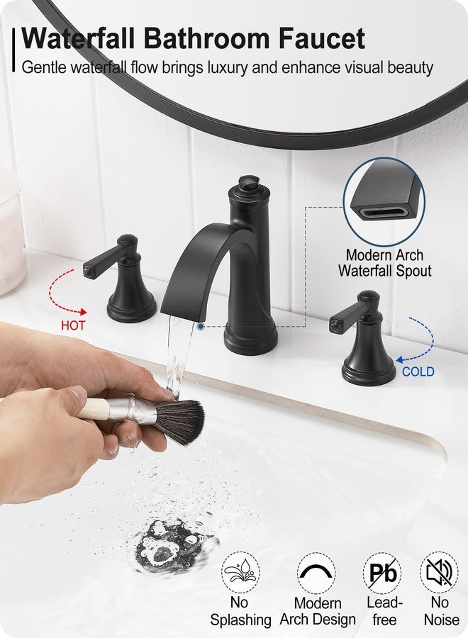 HEYMYTAP Matte Black Bathroom Faucet 3 Hole, Brass Bathroom Waterfall Faucet, 4-16 Inch Bathroom Sink Faucets, 2 Handle Widespread Faucet for Bathroom Sink with Water Supply Hoses, Pop-Up Drain - Image 2