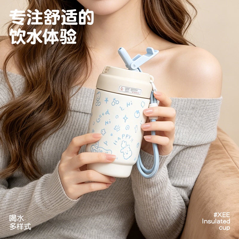Straw Insulated Tumbler Cup with Handle, Portable Leak-proof Travel Mug, 420ml, Gift - Image 4