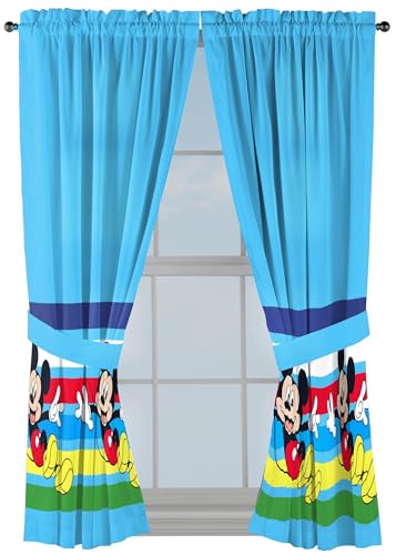 Sunny Side Up Window Curtains for Kids Bedroom 4Piece Drape Set with 2 Tiebacks Blue Mickey Mouse 42 W x 63 L Pack of 2 - Image 1