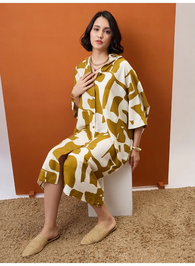 Women Brown Abstract Print Collared Neck Batwing Sleeves Straight Hem Oversized Fusion Midi Shirt Dress