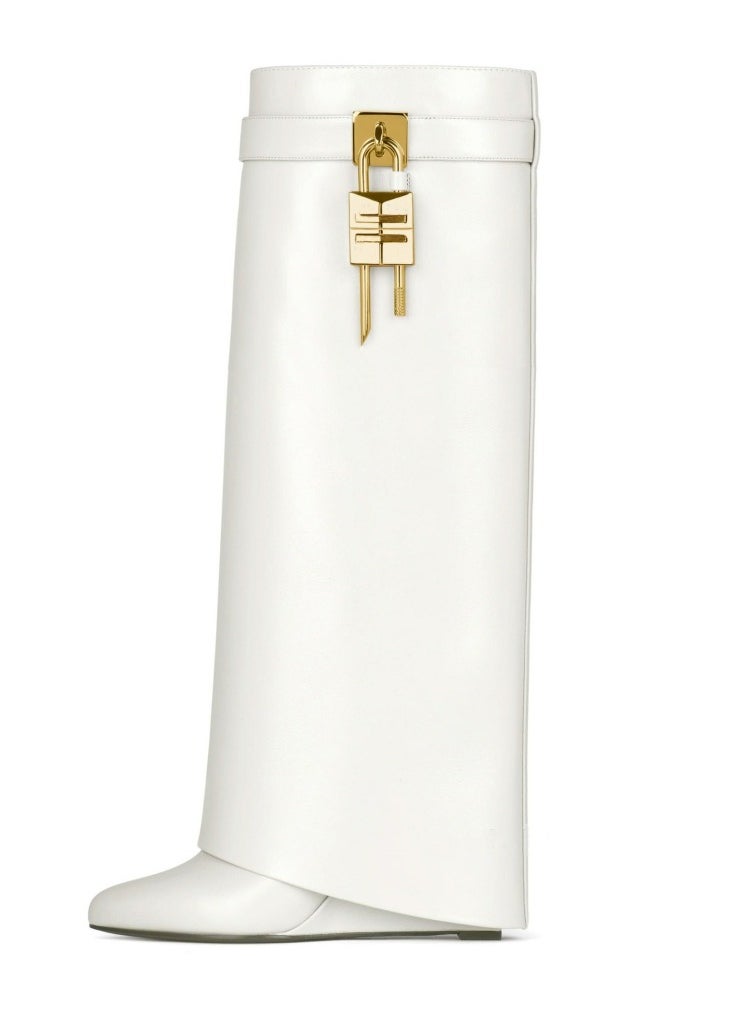 Loquat Women's Stylish Fold Over Knee High Boots Pointed Toe Wedge Heels Long Boots White 