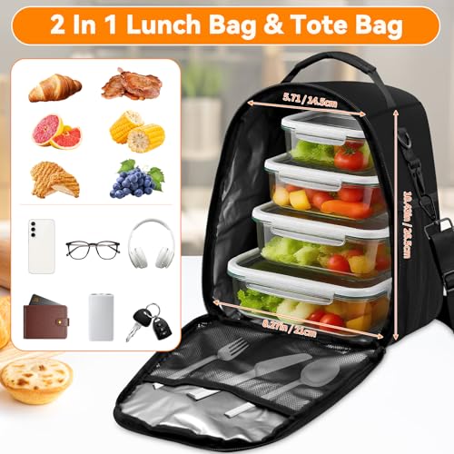 Yotako Insulated Lunch Bag for Men Women–Lunch Box Fits 40/30oz Stanley Cups, Leakproof Cooler Tote With 2 Metal Hooks, Side & Interior Mesh Pockets, Adjustable Strap for Work, Travel, Picnics (Black) - Image 3