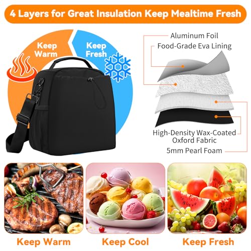 Yotako Insulated Lunch Bag for Men Women–Lunch Box Fits 40/30oz Stanley Cups, Leakproof Cooler Tote With 2 Metal Hooks, Side & Interior Mesh Pockets, Adjustable Strap for Work, Travel, Picnics (Black) - Image 4