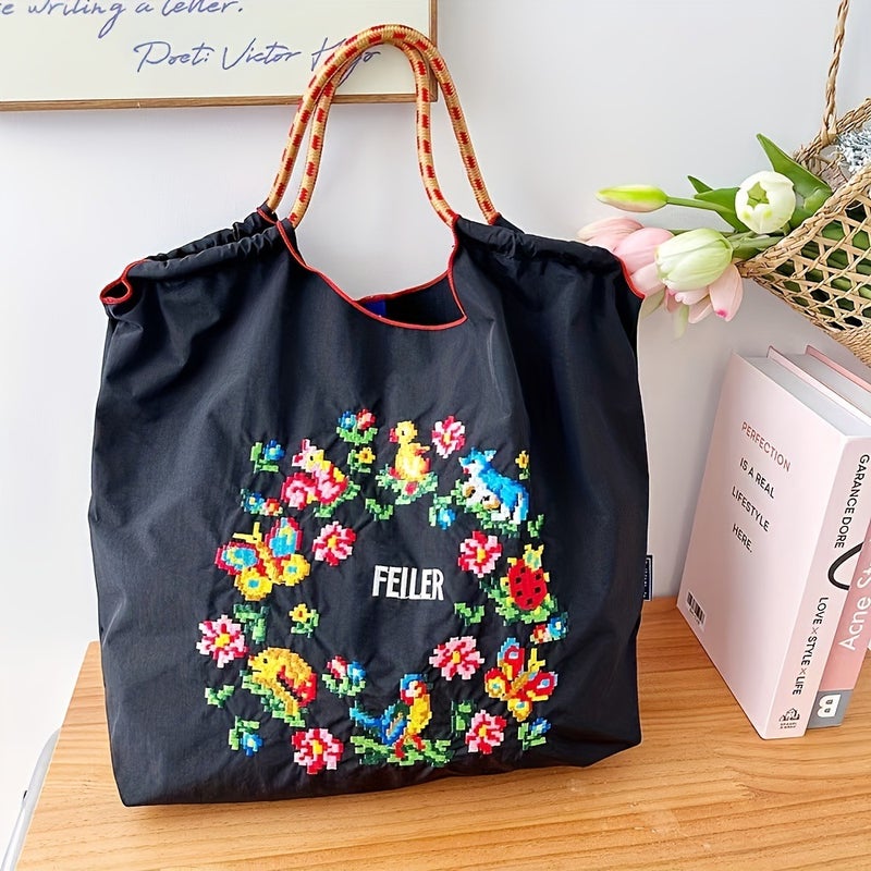 New Embroidered Bag For Women, Tote Bag, Large Capacity Canvas Bag, Little Yellow Duck Shopping Bag, Shoulder Bag, Handbag, Trendy - Image 2