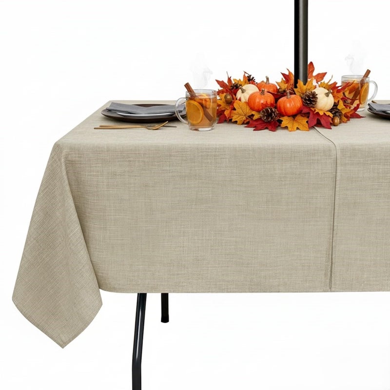 Outdoor Tablecloth with Umbrella Hole  Patio Table Cloth Zippered Rectangle 60x84 Inch LinenLook Polyester Table Cover Water Resistant for Picnic Outside Natural Color