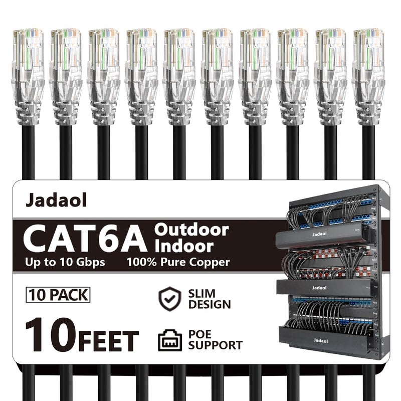 Jadaol Cat6a Ethernet Cable 10 ft 10 Pack, Slim 10G 550MHz 28AWG Patch Cable, Snagless Pure Copper Network Cable, Flexible LAN Cable for Router, Modem, Switch, Patch Panel, Data Center, Gaming, Black - Image 1