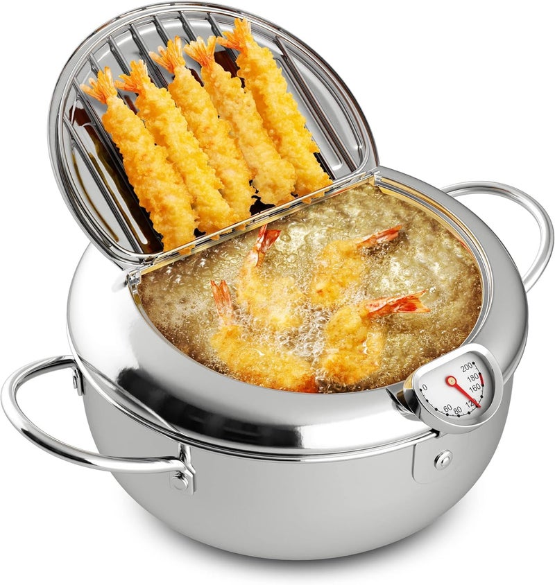 304 Stainless Steel Deep Fryer with Lid, Drain Rack and Thermometer – 2.2L Japanese Tempura Pot for Deep Fry Potatoes Chicken – Free Gift Kitchen Utensil Rest - Image 4