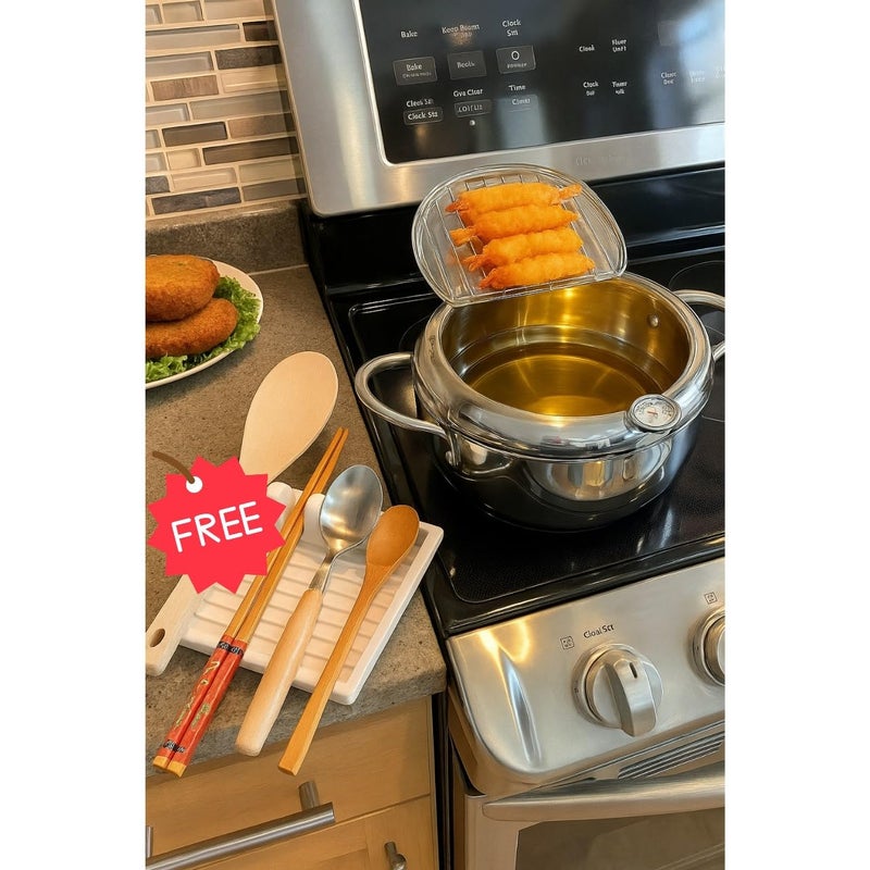 304 Stainless Steel Deep Fryer with Lid, Drain Rack and Thermometer – 2.2L Japanese Tempura Pot for Deep Fry Potatoes Chicken – Free Gift Kitchen Utensil Rest - Image 1