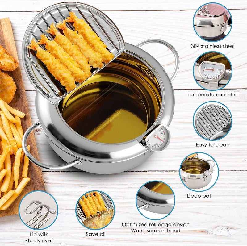 304 Stainless Steel Deep Fryer with Lid, Drain Rack and Thermometer – 2.2L Japanese Tempura Pot for Deep Fry Potatoes Chicken – Free Gift Kitchen Utensil Rest - Image 3