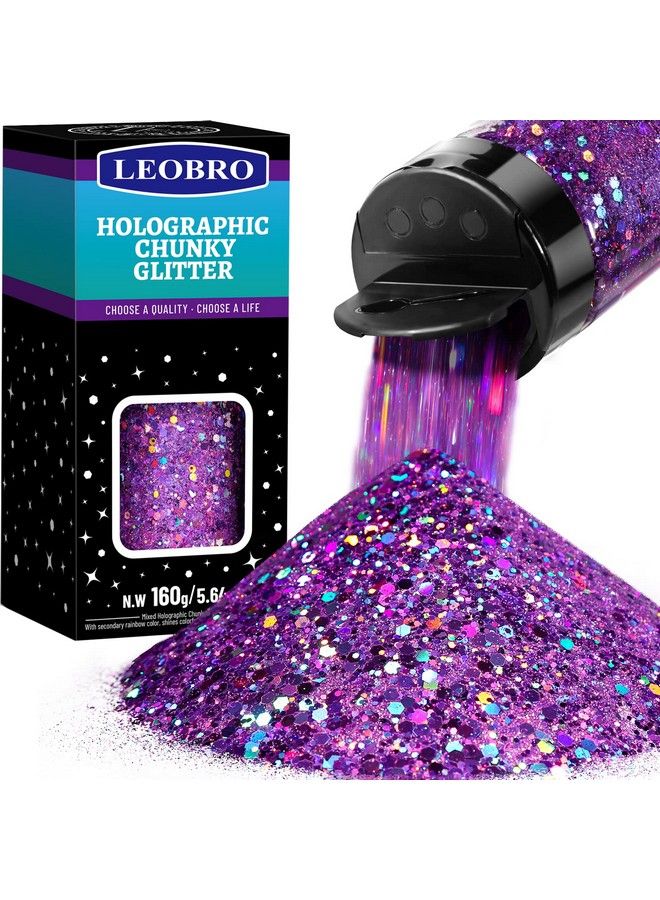 LEOBRO غليتر هولوجرافيك سميك 160غ/564أونصة للزينة، غليتر معدني لامع سميك وناعم، رقائق سكوين للزينة بكميات كبيرة، غليتر للأظافر، للمكياج، للجسم، للوجه، للعيون، للأكواب، غليتر ليوبروا باللون البنفسجي الفاتح - Image 2