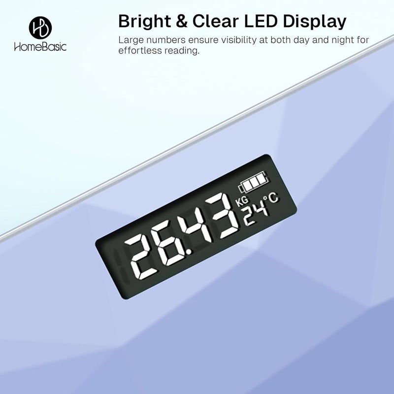 Home Basic ميزان وزن رقمي للجسم | ميزان بوزن زجاجي مقوى | سعة 180 كجم، 4 أوضاع وحدات، دقة عالية 1 جرام، ميزة الخطوة، تشغيل/إيقاف تلقائي، شاشة LCD، كريستال درجة الحرارة - Image 3
